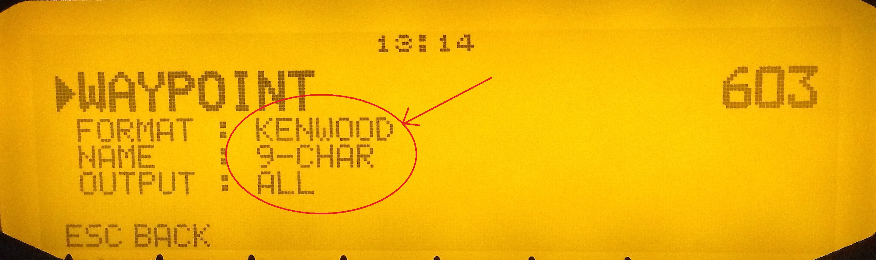 TM-D710 menú 603 formato KENWOOD 9-CHAR.