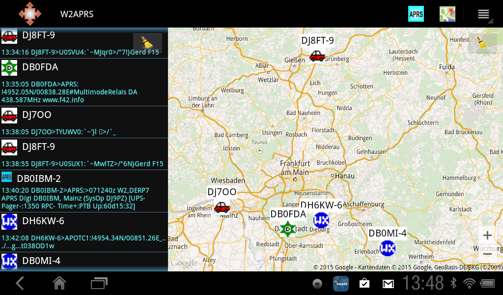 Interfaz de la aplicación W2APRS.