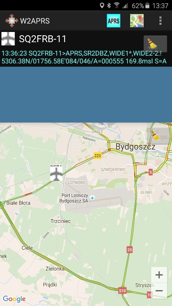 Captura histórica de W2APRS en Android.