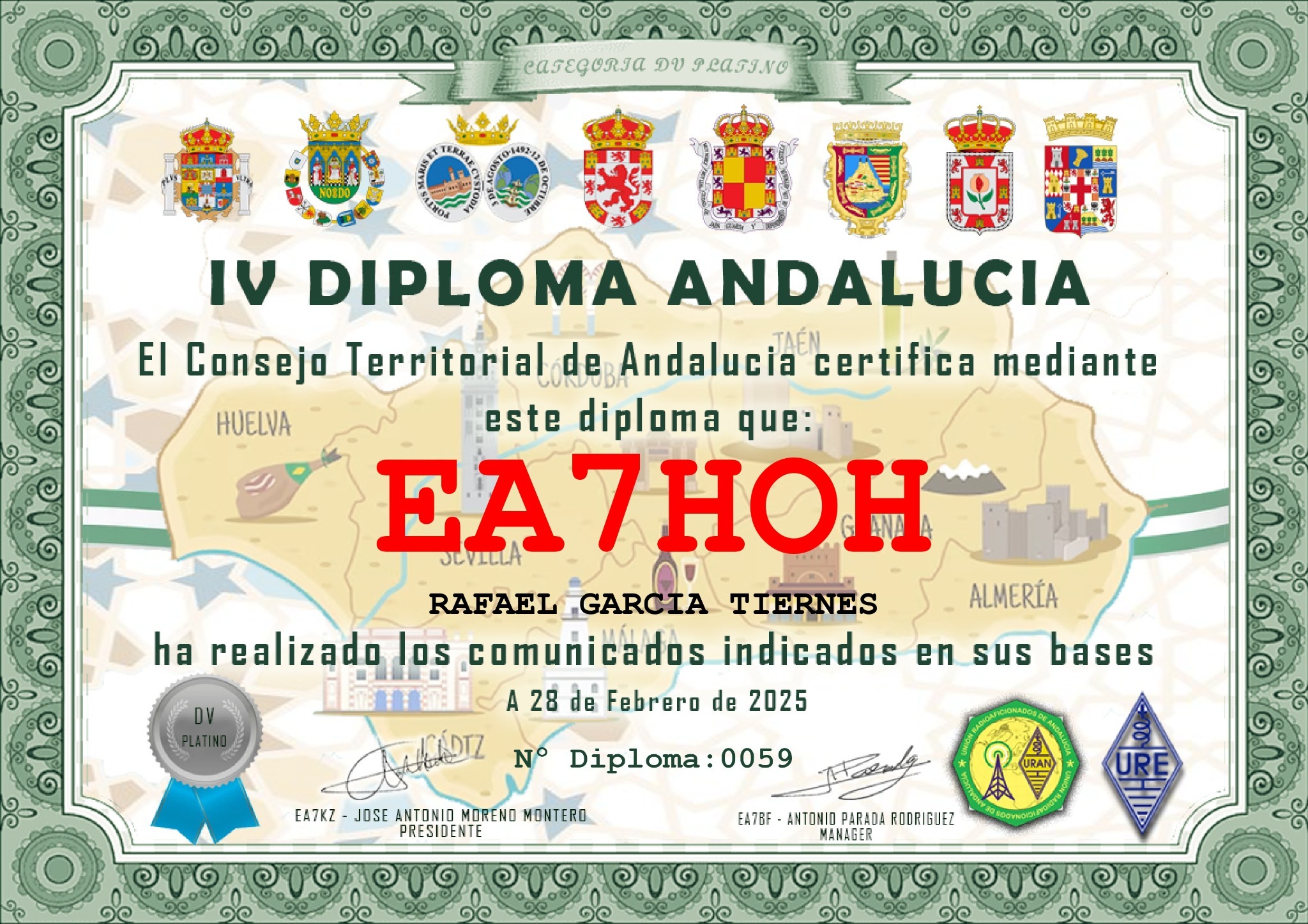 IV Diploma Andalucía 2025 de EA7HOH, categoría DV Platino