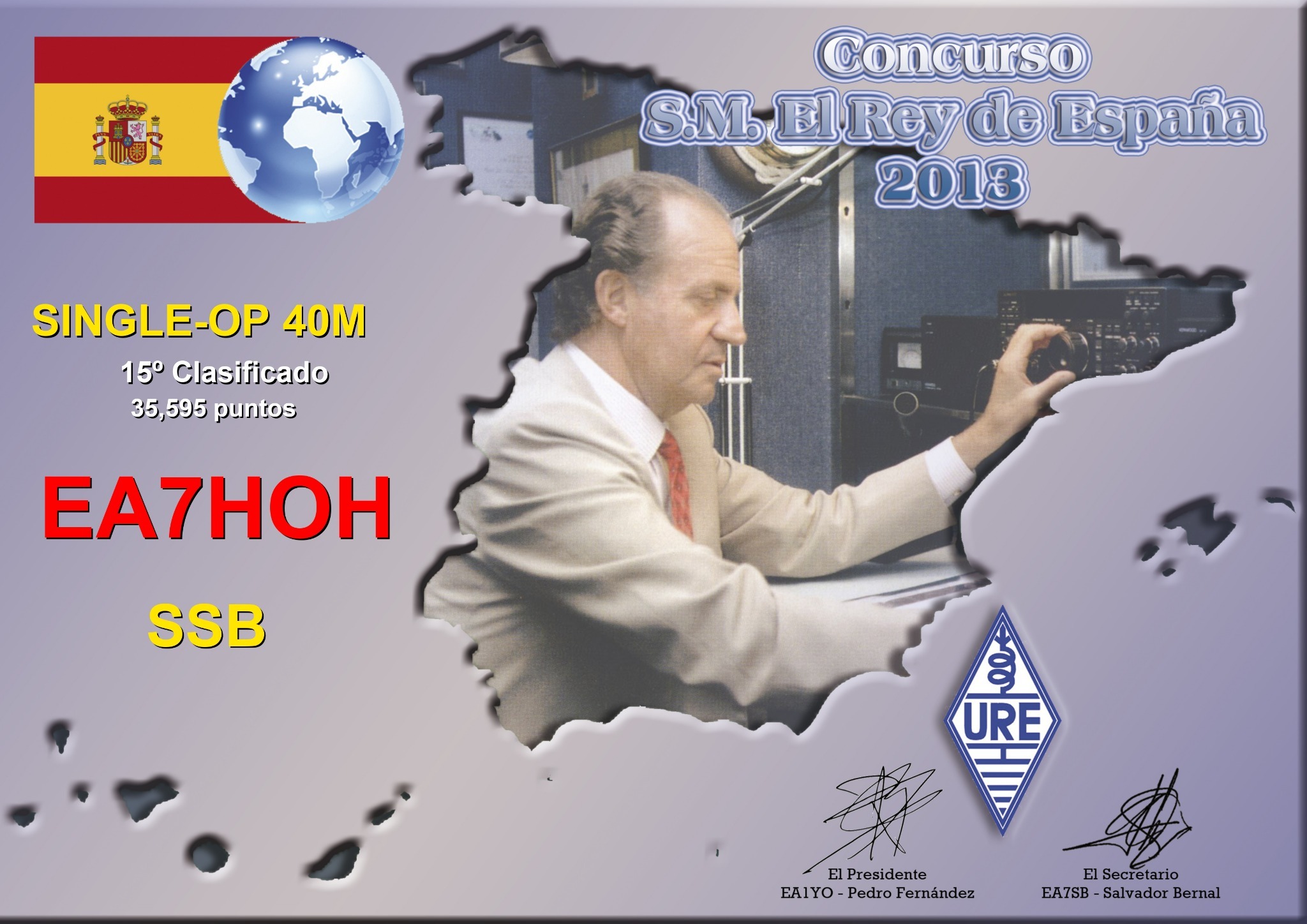 Diploma del Concurso S.M. El Rey de España 2013 de EA7HOH, 15.º clasificado Single-OP 40M