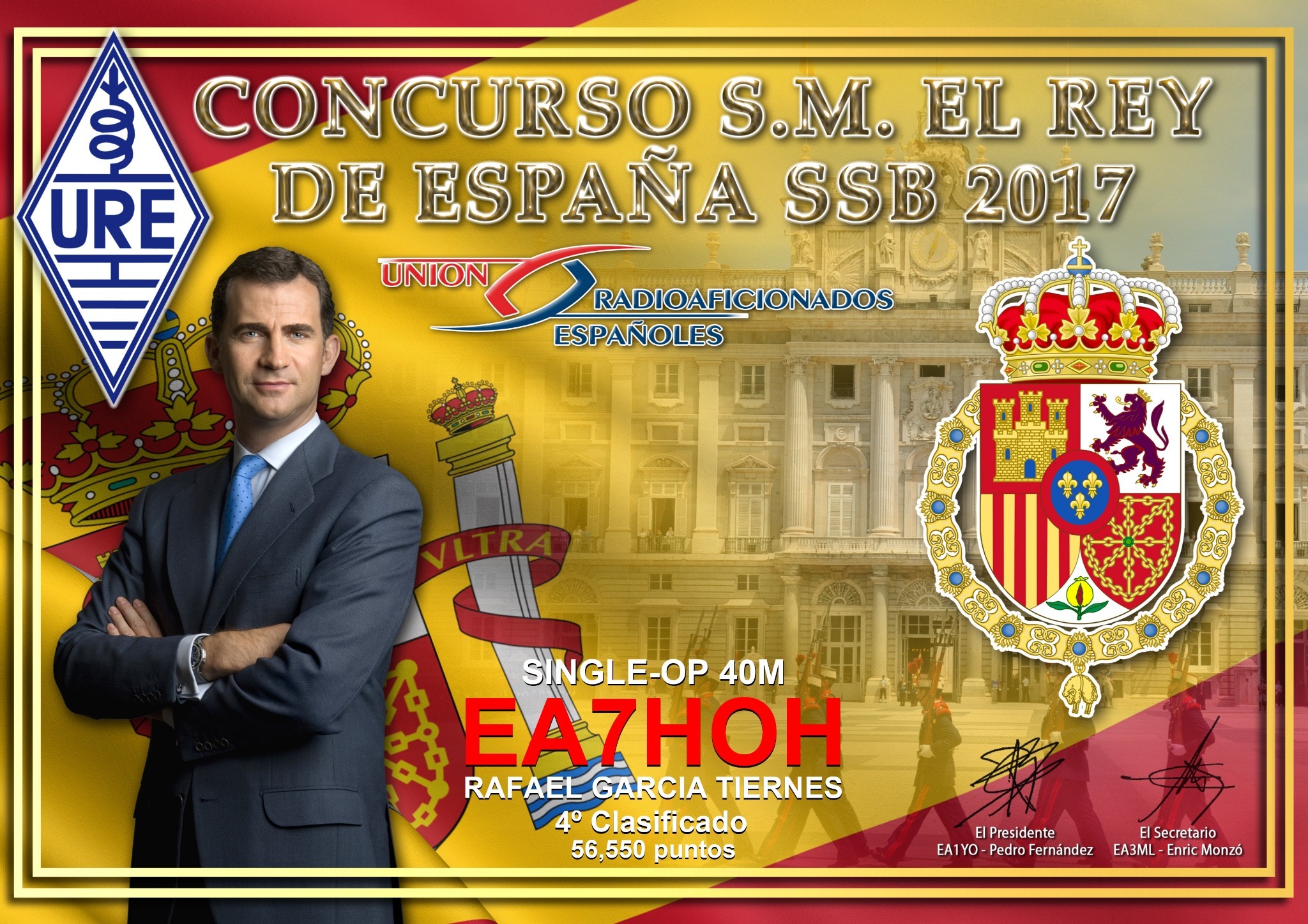 Diploma del Concurso S.M. El Rey de España SSB 2017 de EA7HOH, 4.º clasificado Single-OP 40M