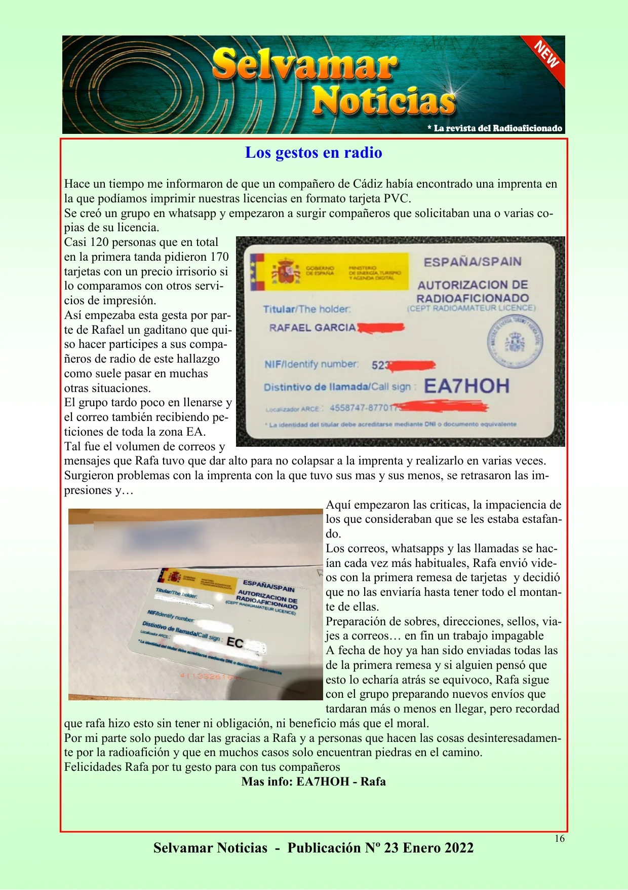Artículo Los gestos en radio publicado en la página 16 de Selvamar Noticias número 23, enero de 2022